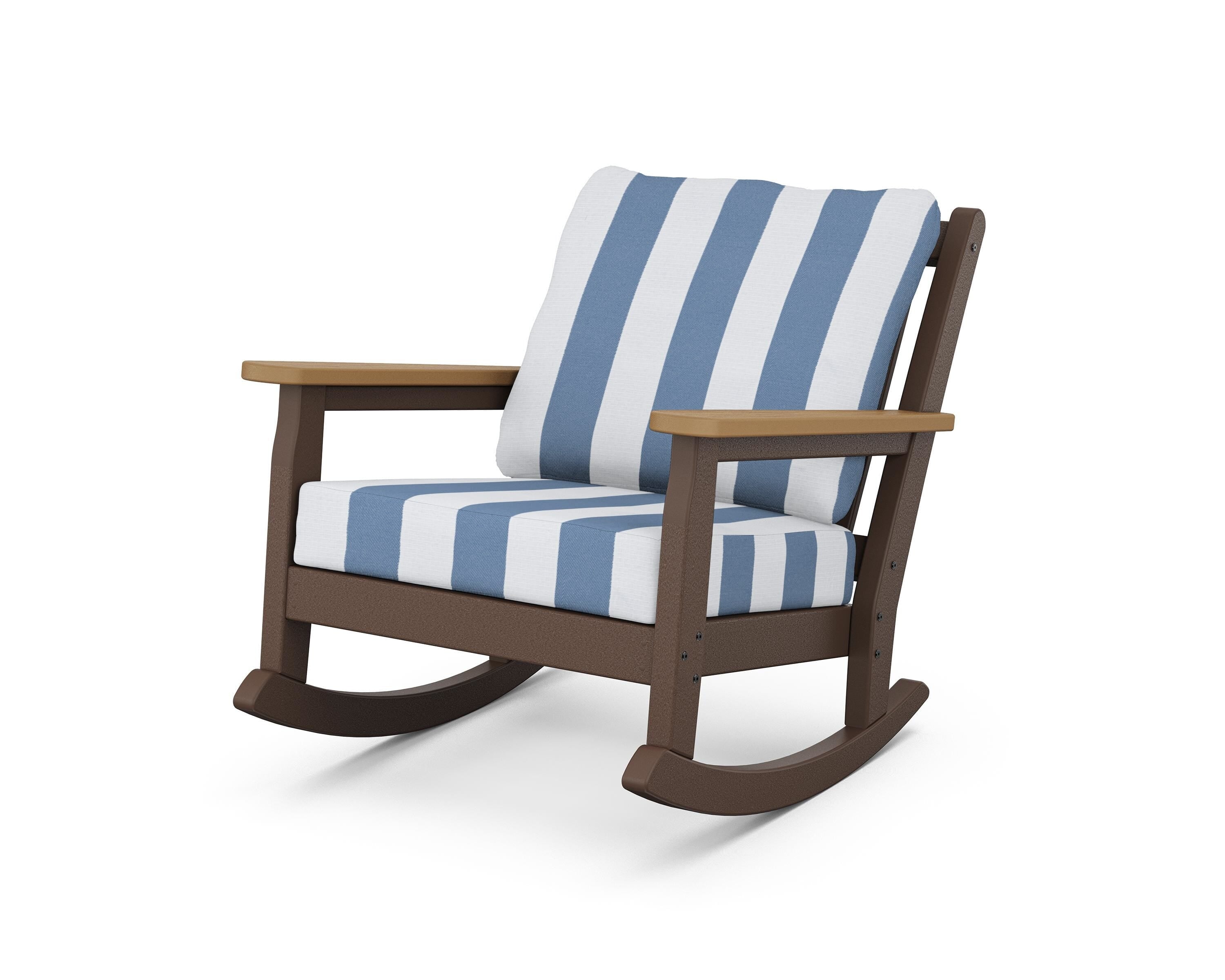 POLYWOOD® Chippendale Deep Seating Rocking Chair in Mahogany / Natural / Cabana Stripe Sky Blue