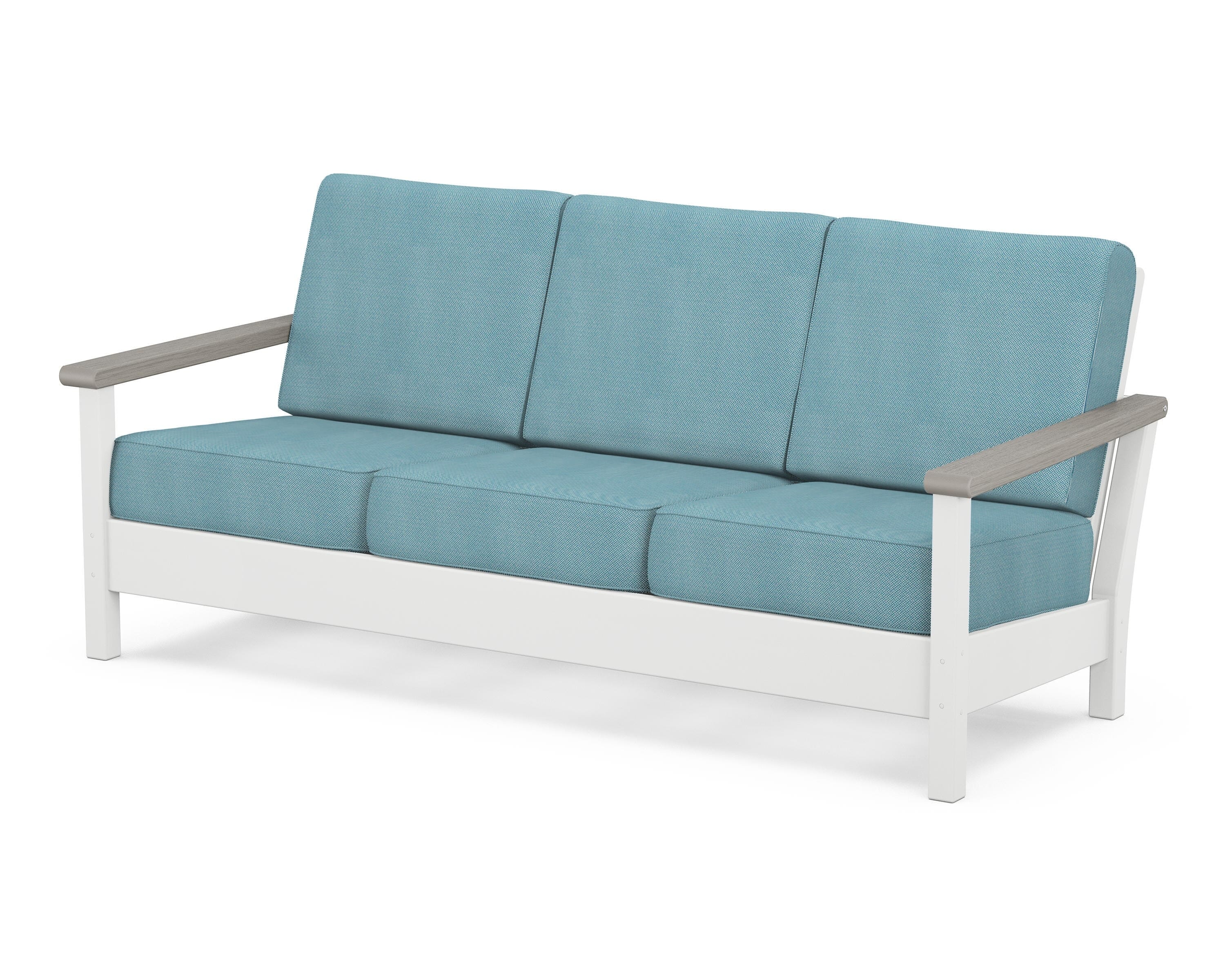 POLYWOOD® Harbour Deep Seating Sofa in White / Driftwood / Lattice Sky Blue