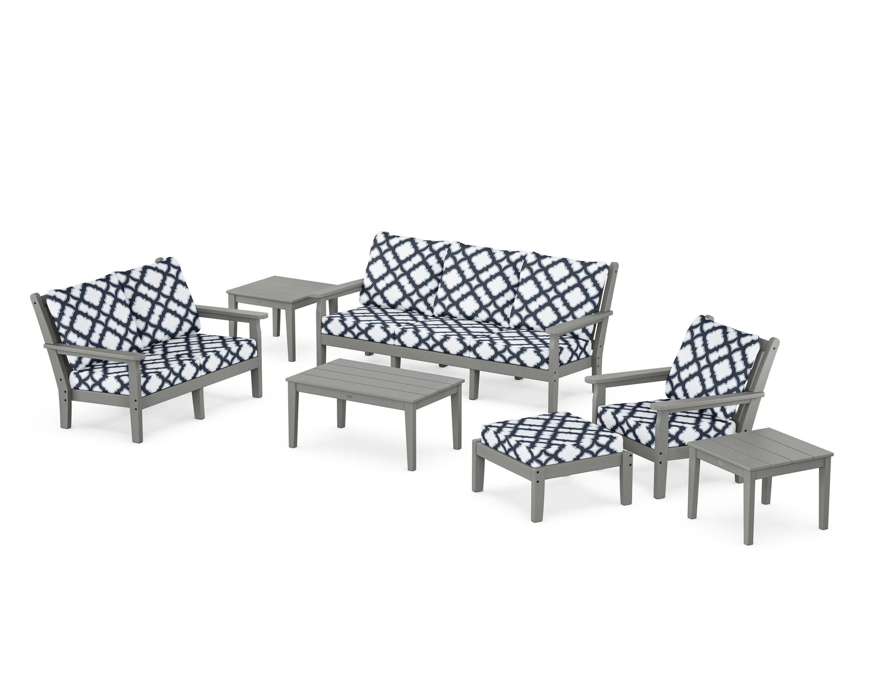 POLYWOOD® Chippendale 7-Piece Deep Seating Set in Slate Grey / Trellis Marine Indigo