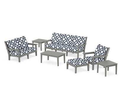 POLYWOOD® Chippendale 7-Piece Deep Seating Set in Slate Grey / Trellis Marine Indigo