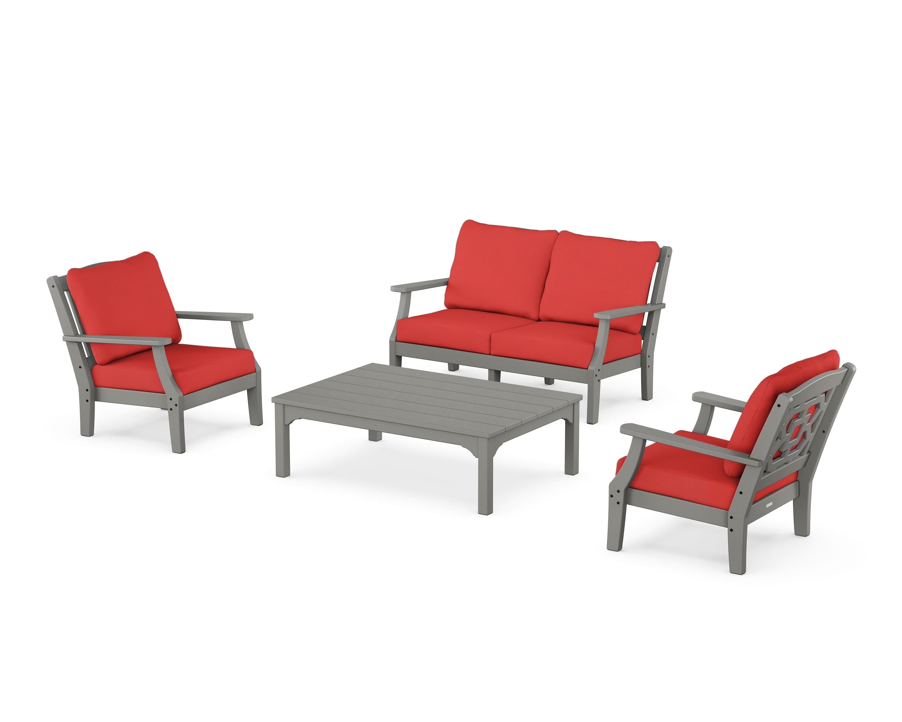 Martha Stewart by POLYWOOD® Chinoiserie 4-Piece Deep Seating Set with Loveseat in Slate Grey / Crimson Linen