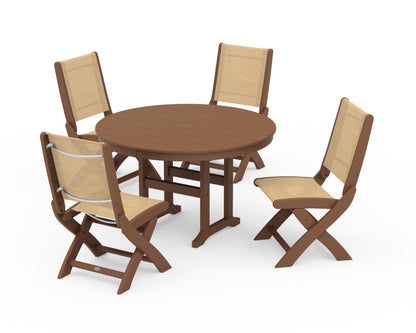 POLYWOOD® Coastal Folding Side Chair 5-Piece Round Dining Set in Teak / Dupioni Apricot Sling