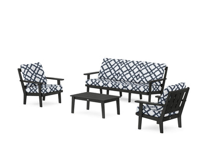 POLYWOOD® Oxford 4-Piece Deep Seating Set with Sofa in Black / Trellis Marine Indigo
