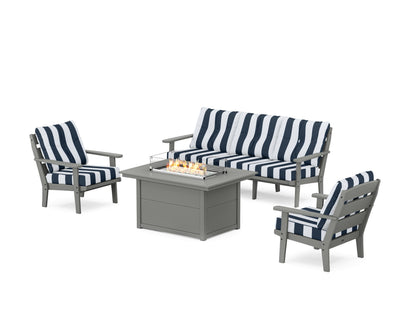 POLYWOOD® Lakeside Deep Seating Fire Pit Table Set in Slate Grey / Cabana Stripe Marine Indigo