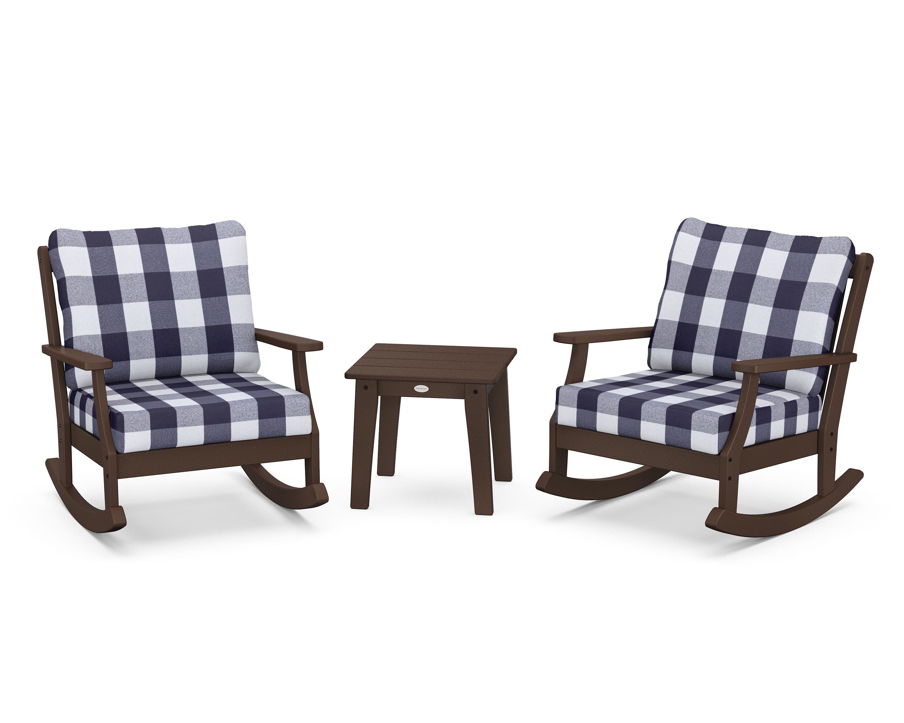 POLYWOOD® Braxton 3-Piece Deep Seating Rocker Set in Mahogany / Buffalo Plaid Navy