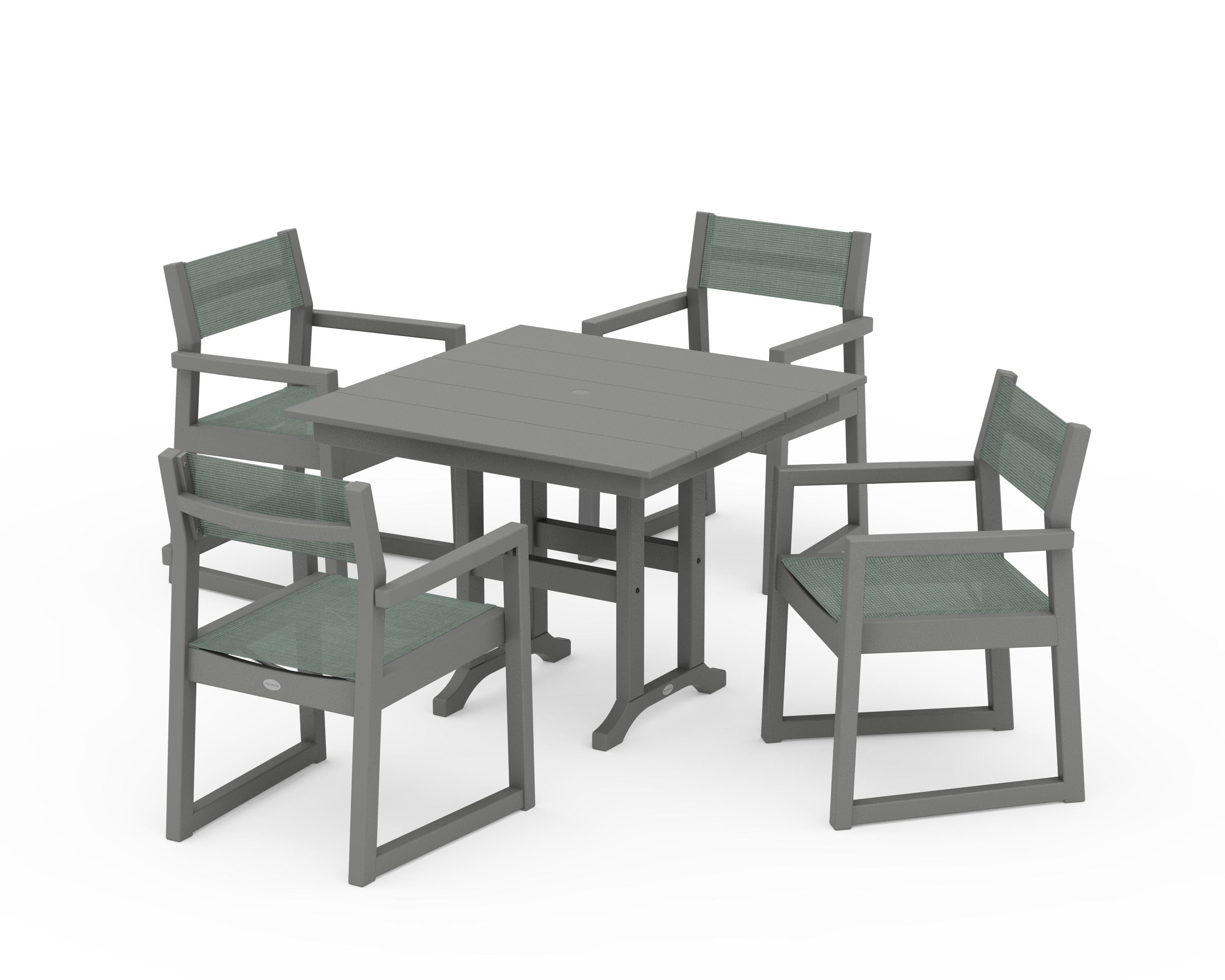 POLYWOOD® EDGE Sling Arm Chair 5-Piece Farmhouse Dining Set in Slate Grey / Dupioni Sea Mist Sling