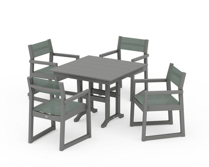 POLYWOOD® EDGE Sling Arm Chair 5-Piece Farmhouse Dining Set in Slate Grey / Dupioni Sea Mist Sling