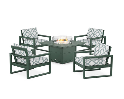 POLYWOOD® EDGE Sectional 5-Piece Deep Seating Set with Fire Pit Table in Green / Trellis Glacier Spa