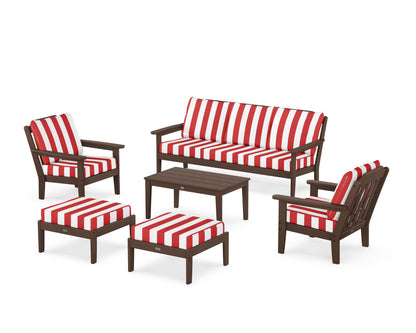 Country Living Cottage 6-Piece Lounge Sofa Set in Mahogany / Cabana Stripe Crimson