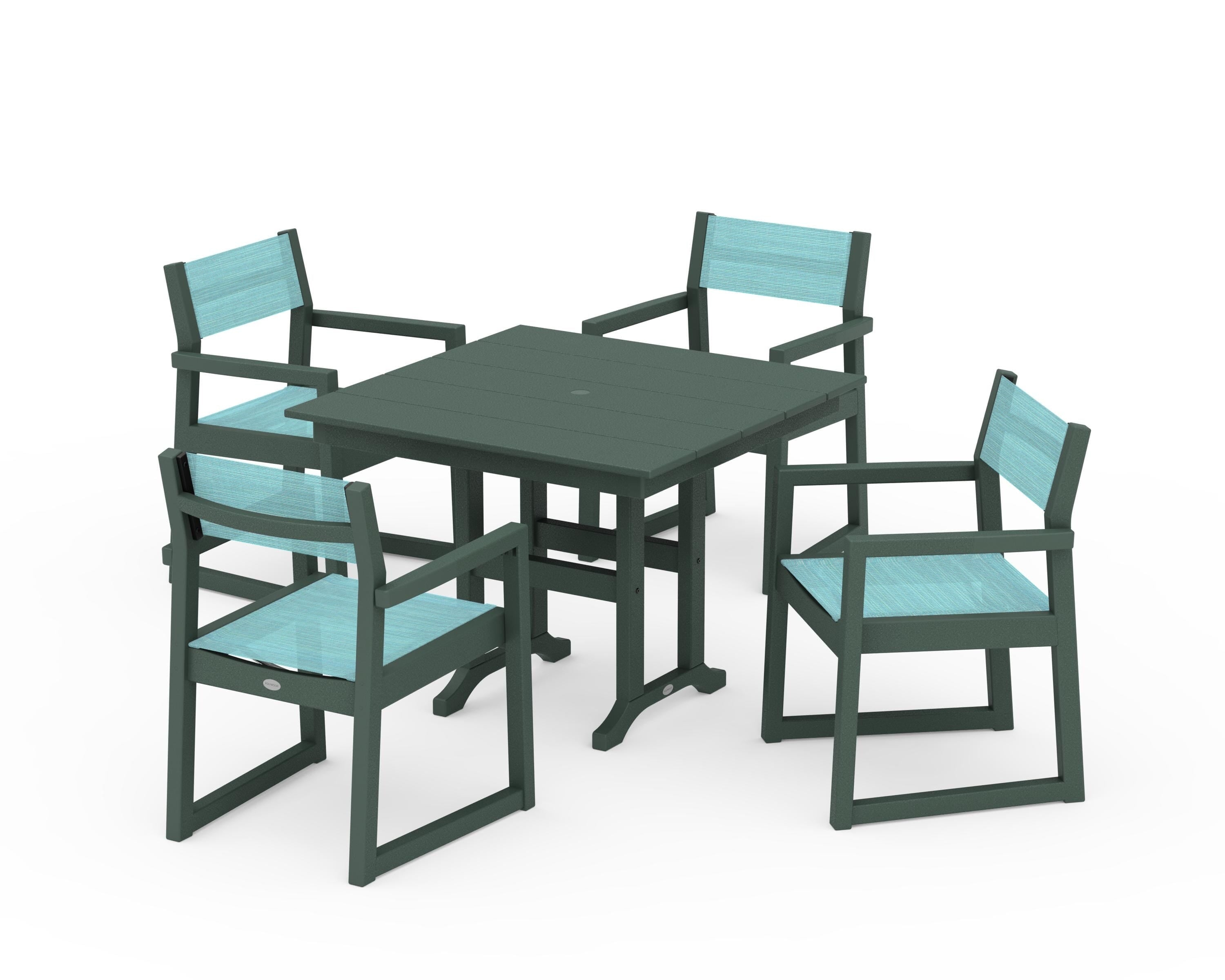 POLYWOOD® EDGE Sling Arm Chair 5-Piece Farmhouse Dining Set in Green / Dupioni Aquamarine Sling