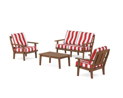 POLYWOOD® Mission 4-Piece Deep Seating Set with Loveseat in Teak / Cabana Stripe Crimson