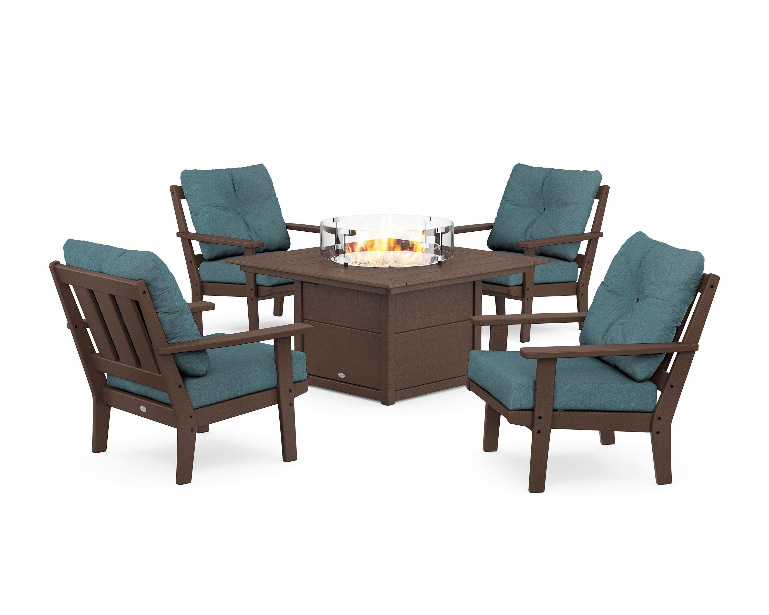 POLYWOOD® Oxford 5-Piece Deep Seating Set with Fire Pit Table in Mahogany / Ocean Teal