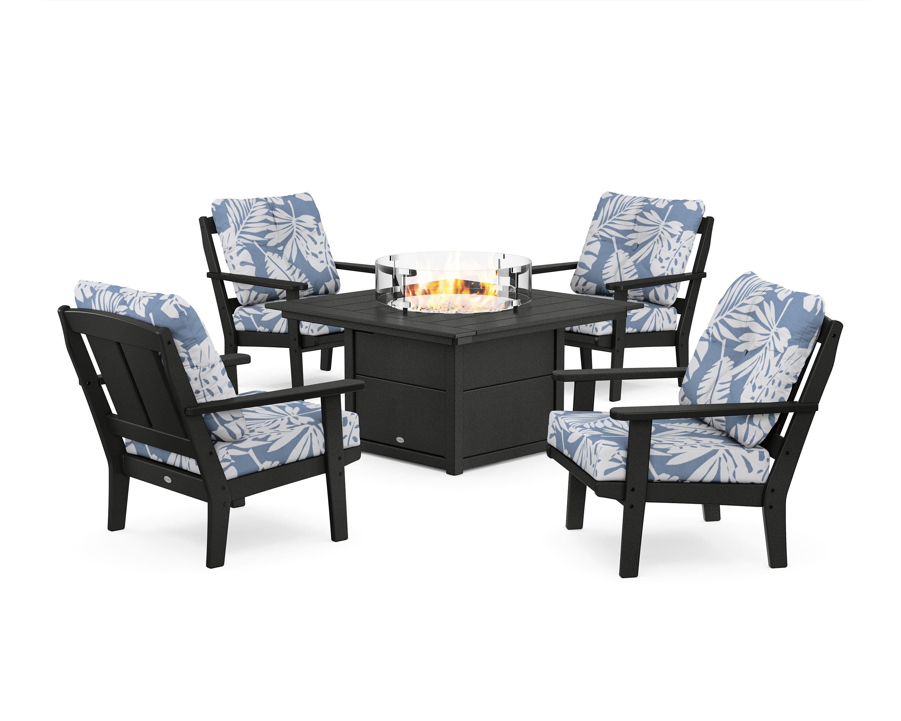 POLYWOOD® Mission 5-Piece Deep Seating Set with Fire Pit Table in Black / Leaf Sky Blue