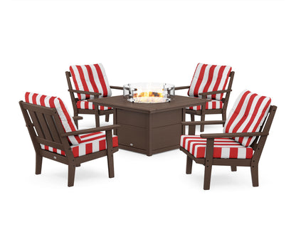 POLYWOOD® Oxford 5-Piece Deep Seating Set with Fire Pit Table in Mahogany / Cabana Stripe Crimson