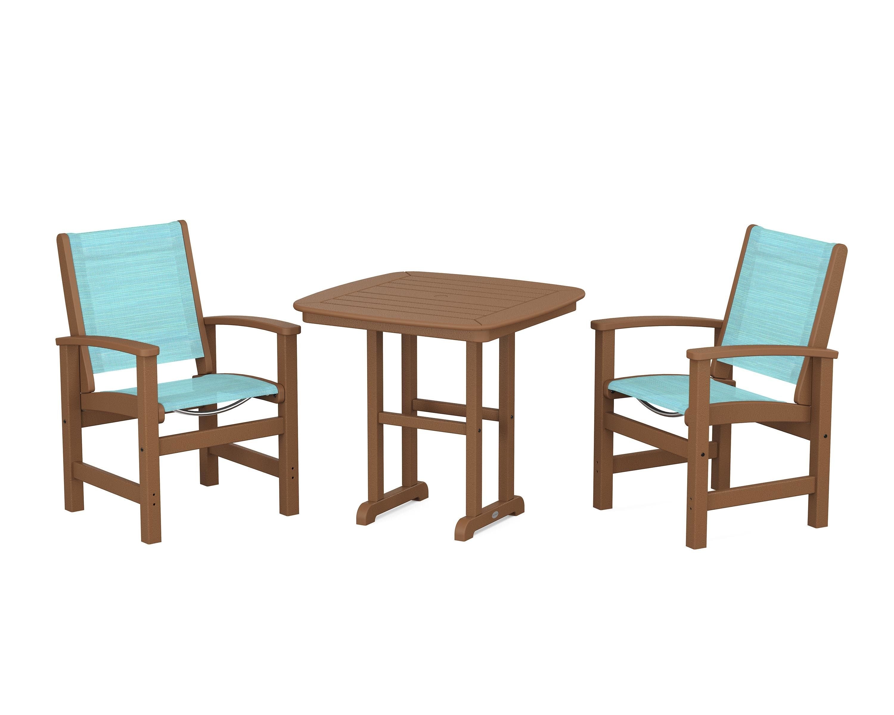 POLYWOOD® Coastal 3-Piece Dining Set in Teak / Dupioni Aquamarine Sling