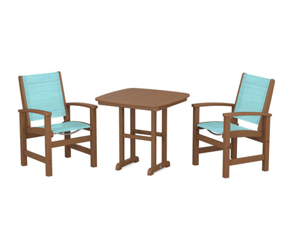 POLYWOOD® Coastal 3-Piece Dining Set in Teak / Dupioni Aquamarine Sling