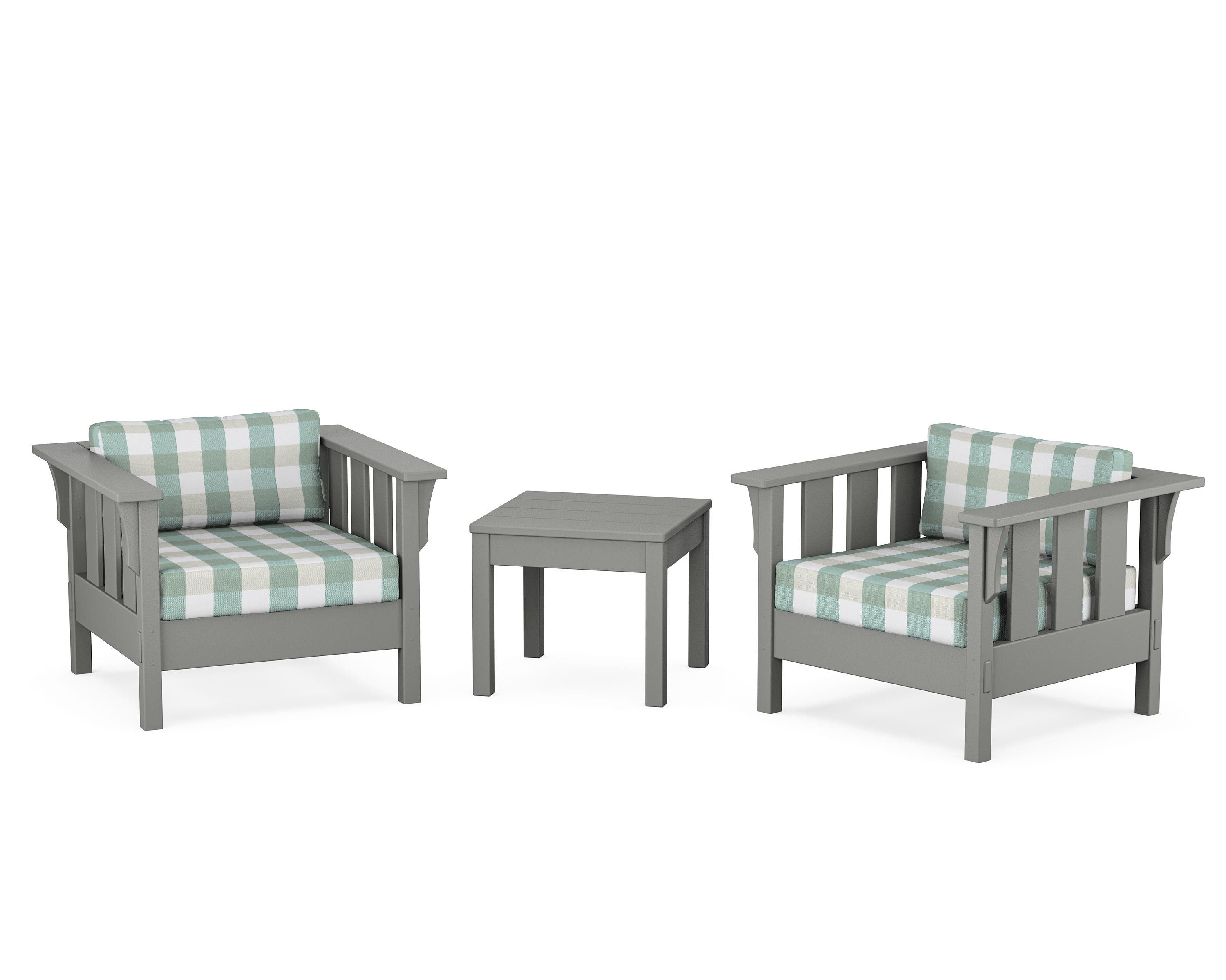 Martha Stewart by POLYWOOD® Acadia 3-Piece Deep Seating Set in Slate Grey / Buffalo Plaid Glacier Spa