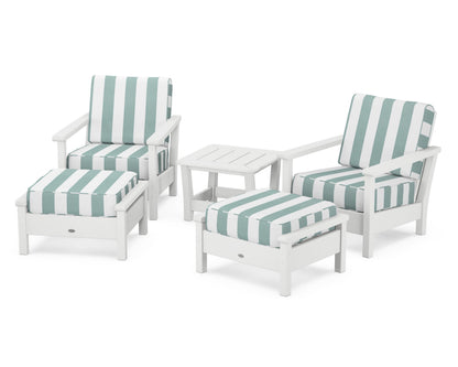 POLYWOOD® Harbour 5-Piece Deep Seating Chair Set in White / Cabana Stripe Glacier Spa