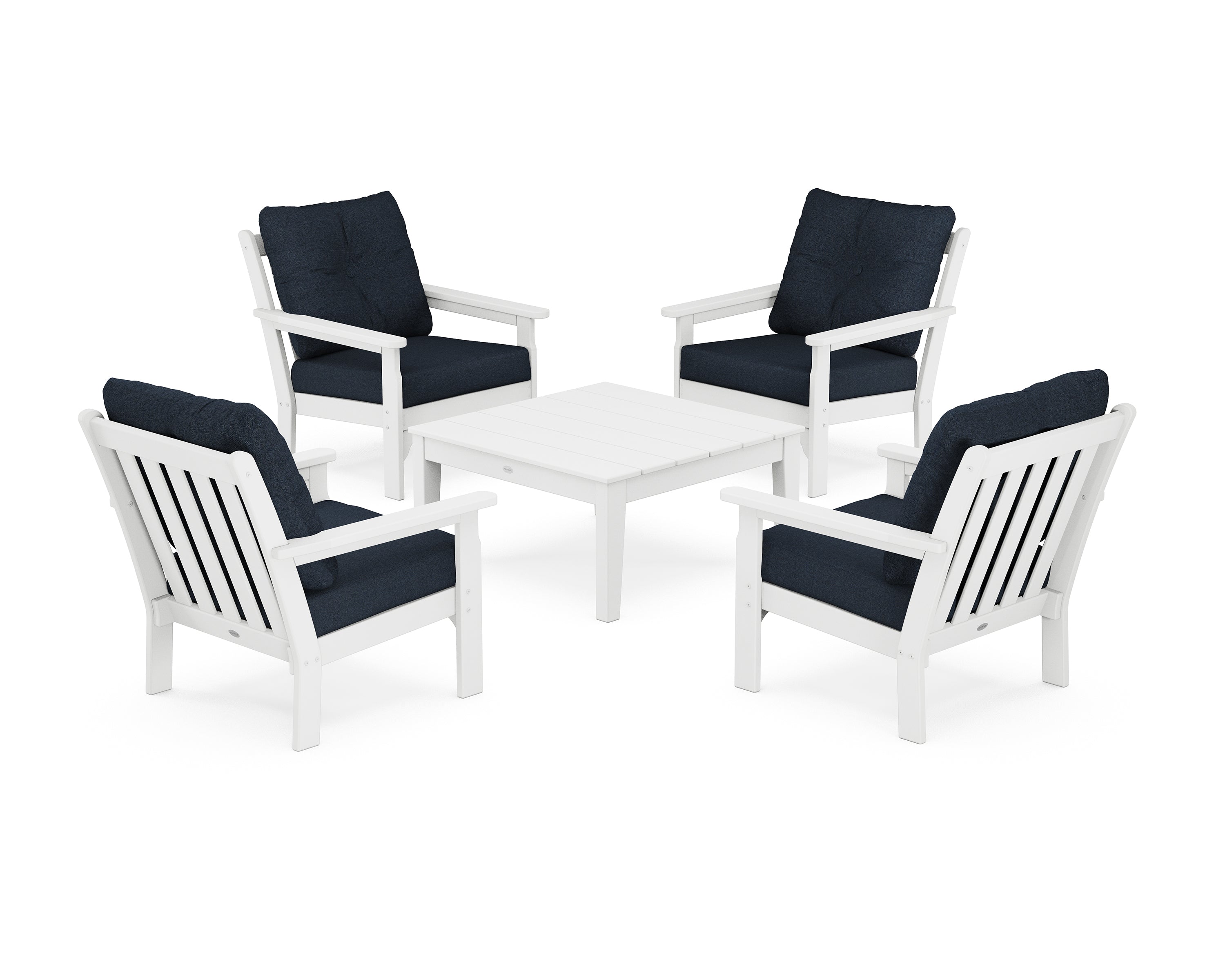 POLYWOOD® Vineyard 5-Piece Deep Seating Conversation Set in White / Marine Indigo