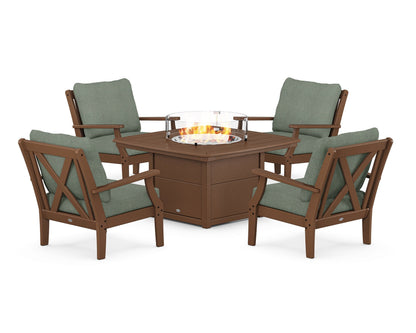 POLYWOOD® Braxton 5-Piece Deep Seating Conversation Set with Fire Pit Table in Teak / Cast Sage