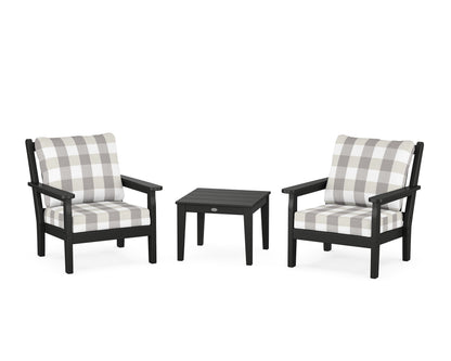 POLYWOOD® Chippendale 3-Piece Deep Seating Set in Black / Buffalo Plaid Grey Mist