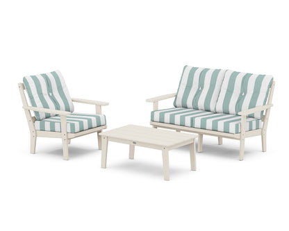 POLYWOOD® Oxford 3-Piece Deep Seating Set with Loveseat in Sand / Cabana Stripe Glacier Spa