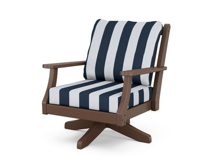 Country Living Wovendale Deep Seating Swivel Chair in Mahogany / Cabana Stripe Marine Indigo