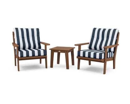 POLYWOOD® Lakeside 3-Piece Deep Seating Chair Set in Teak / Cabana Stripe Marine Indigo
