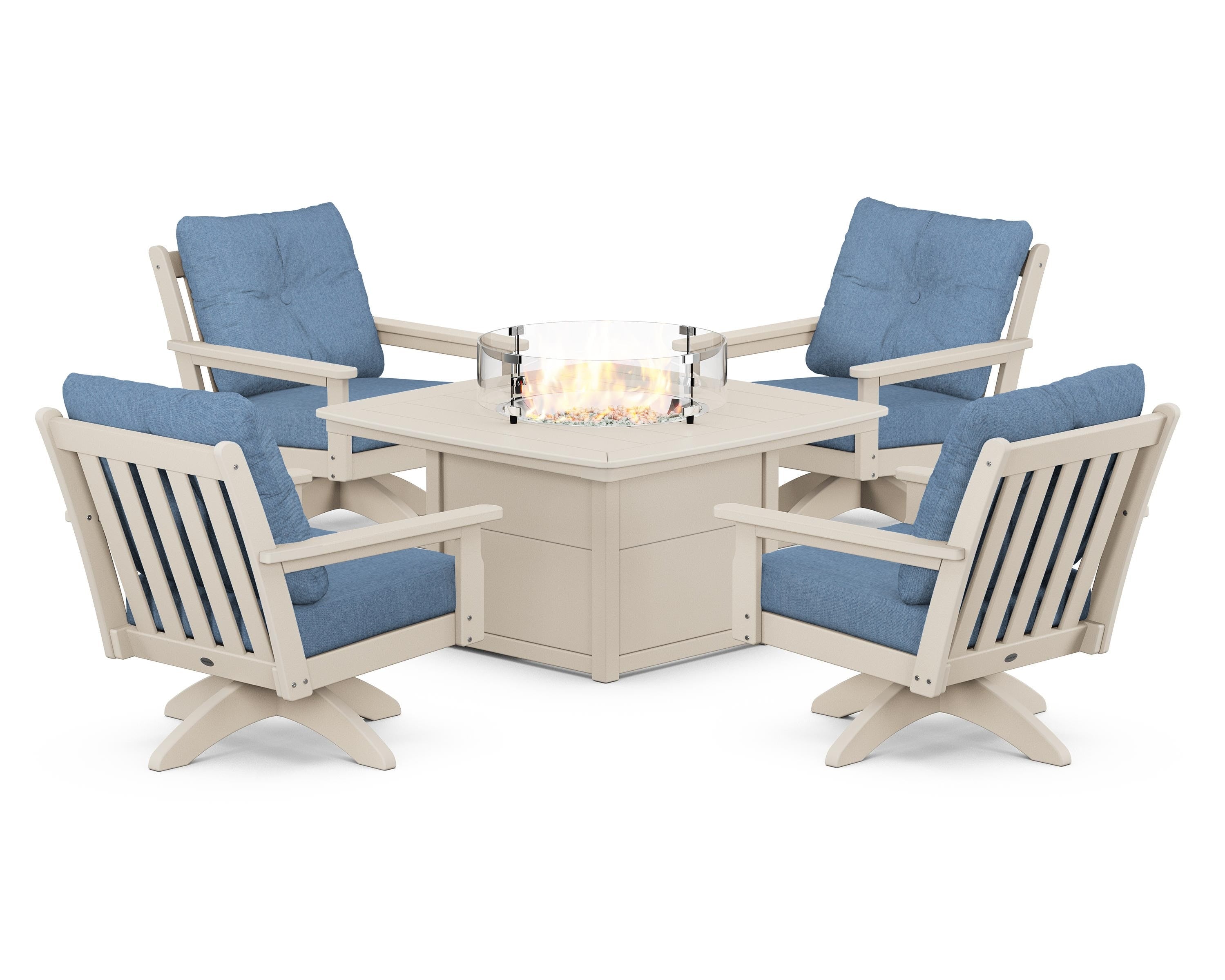 POLYWOOD® Vineyard 5-Piece Deep Seating Swivel Conversation Set with Fire Pit Table in Sand / Sky Blue