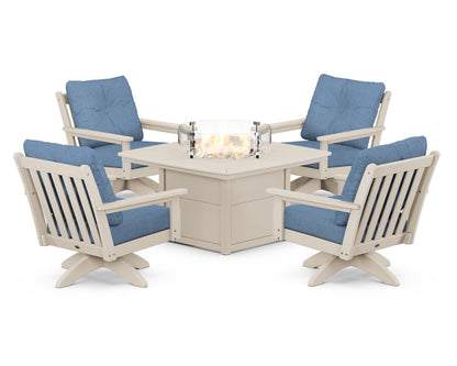 POLYWOOD® Vineyard 5-Piece Deep Seating Swivel Conversation Set with Fire Pit Table in Sand / Sky Blue