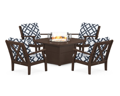 POLYWOOD® Braxton 5-Piece Deep Seating Conversation Set with Fire Pit Table in Mahogany / Trellis Marine Indigo
