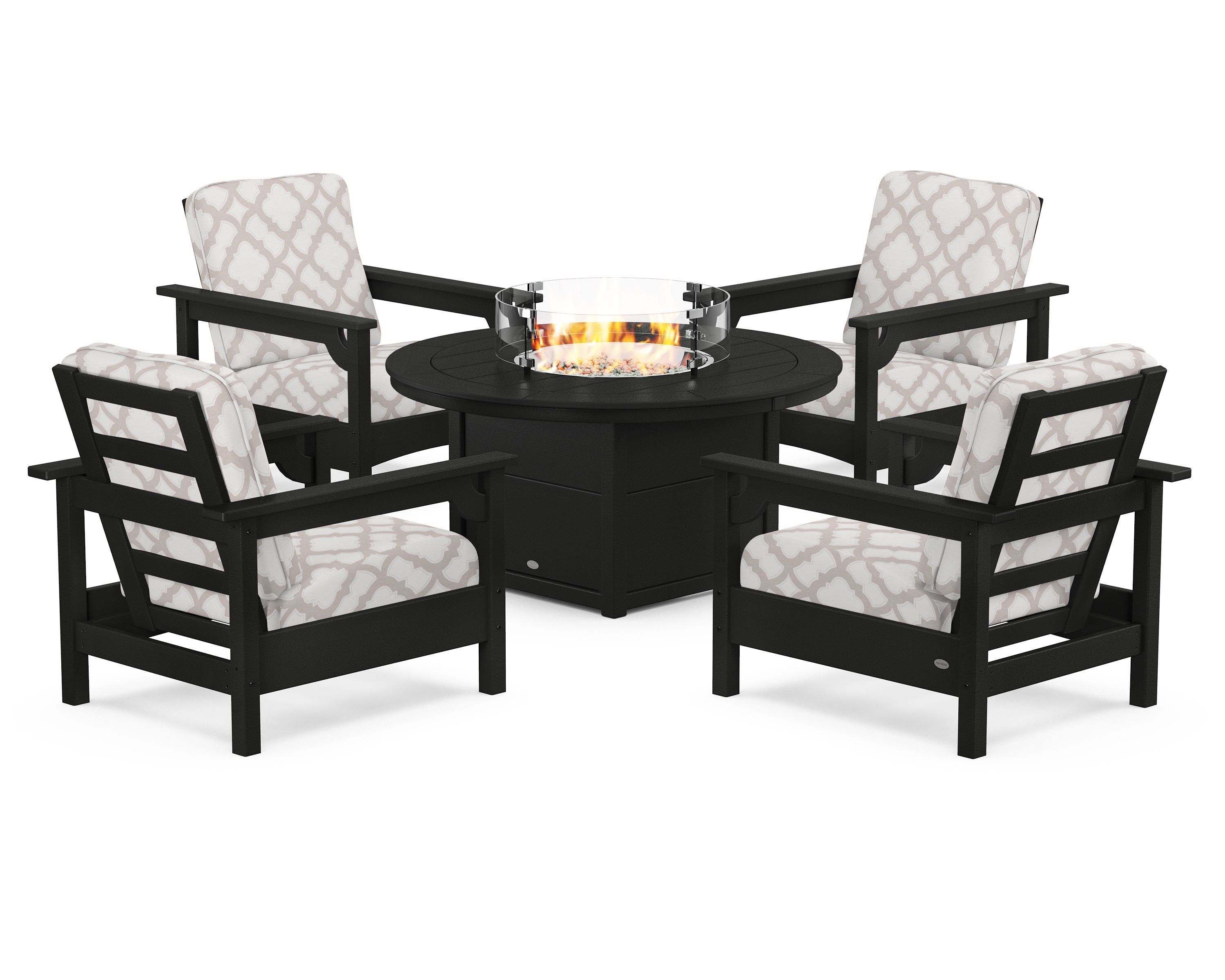 POLYWOOD® Club 5-Piece Conversation Set with Fire Pit Table in Black / Trellis Dune Burlap