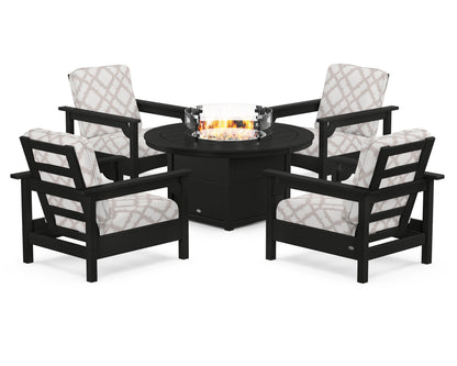 POLYWOOD® Club 5-Piece Conversation Set with Fire Pit Table in Black / Trellis Dune Burlap