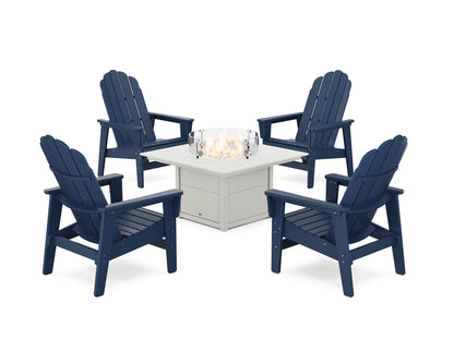 POLYWOOD® 5-Piece Vineyard Grand Upright Adirondack Conversation Set with Fire Pit Table in Navy / White