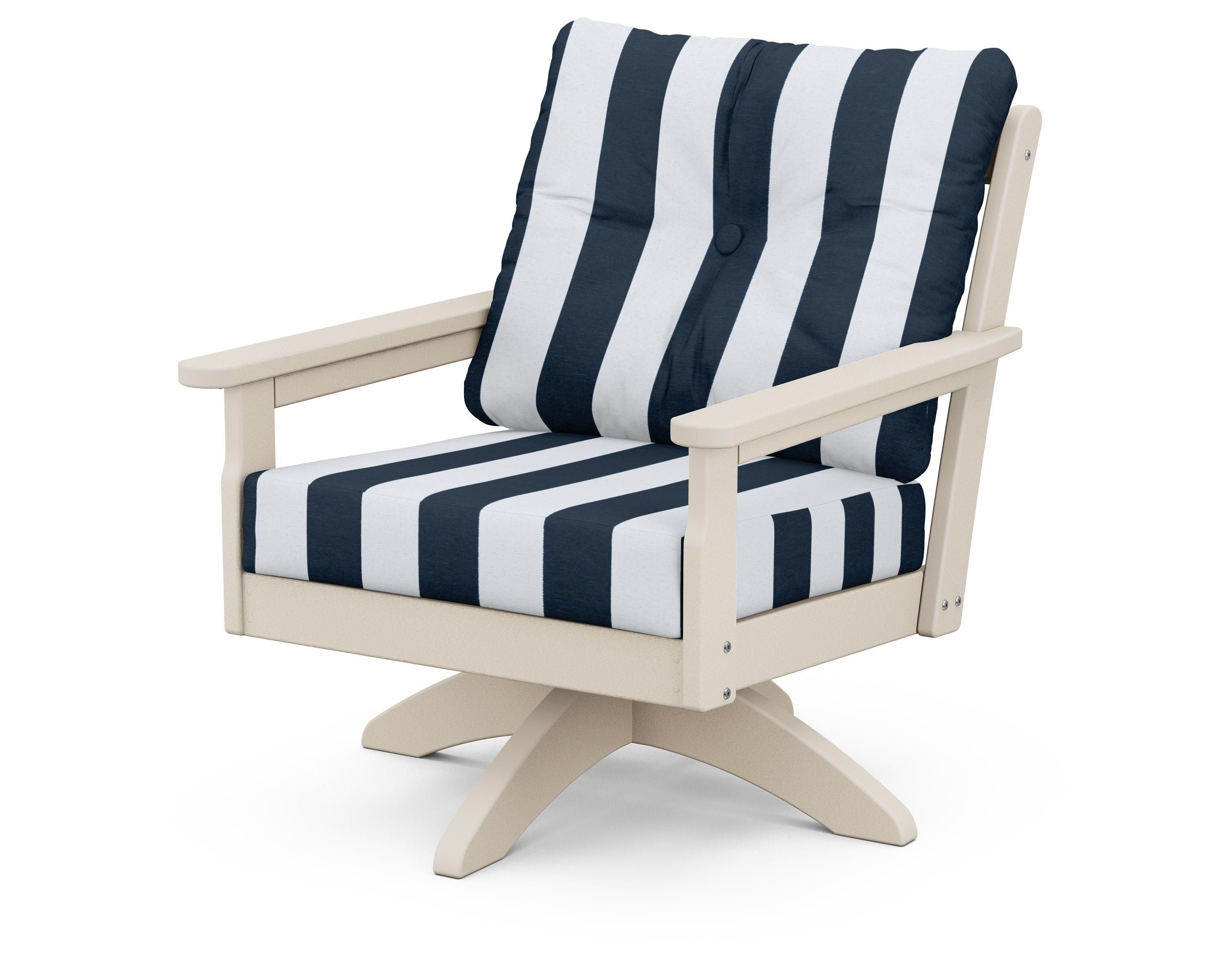 POLYWOOD® Vineyard Deep Seating Swivel Chair in Sand / Cabana Stripe Marine Indigo