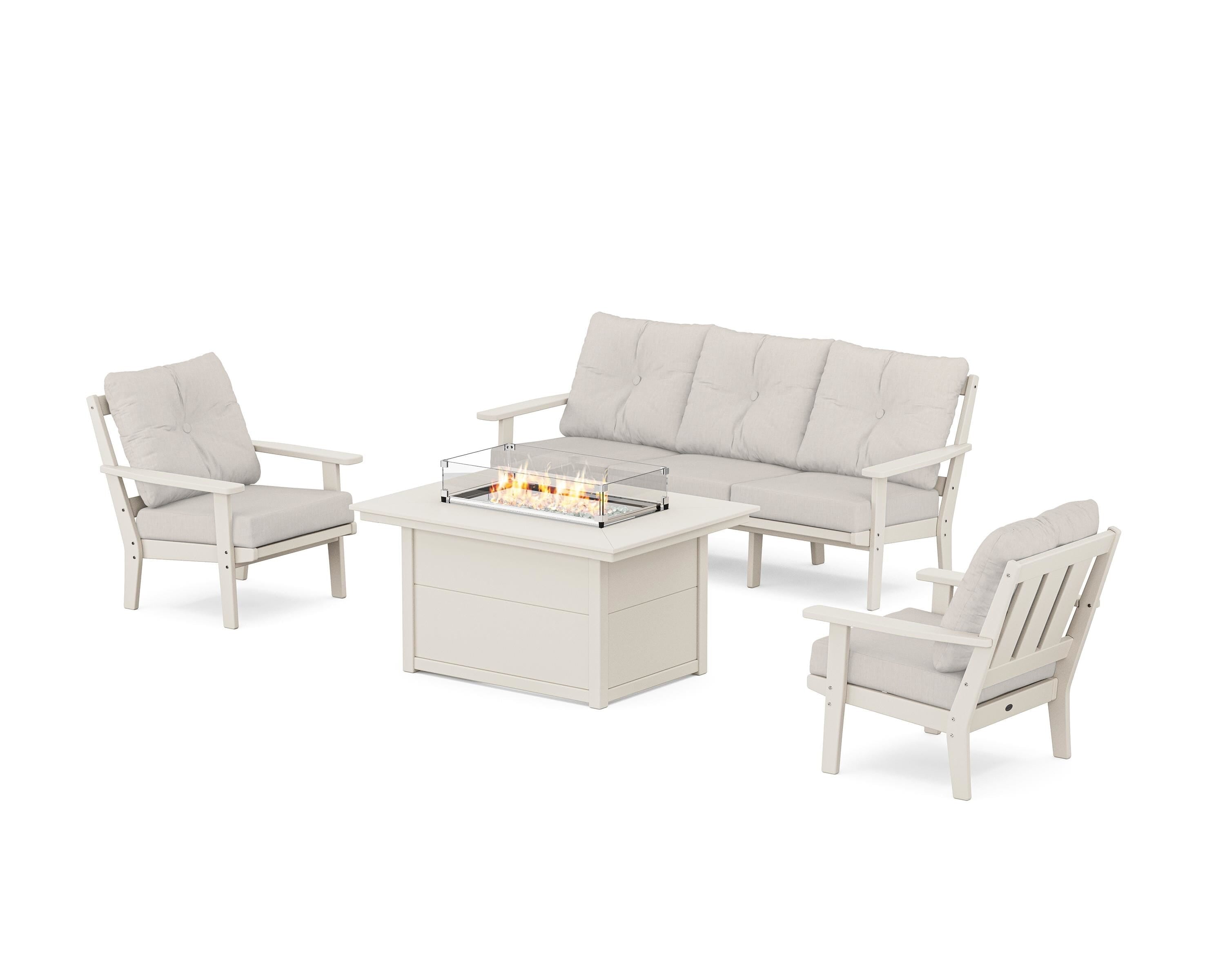 POLYWOOD® Oxford Deep Seating Fire Pit Table Set in Sand / Cast Ash