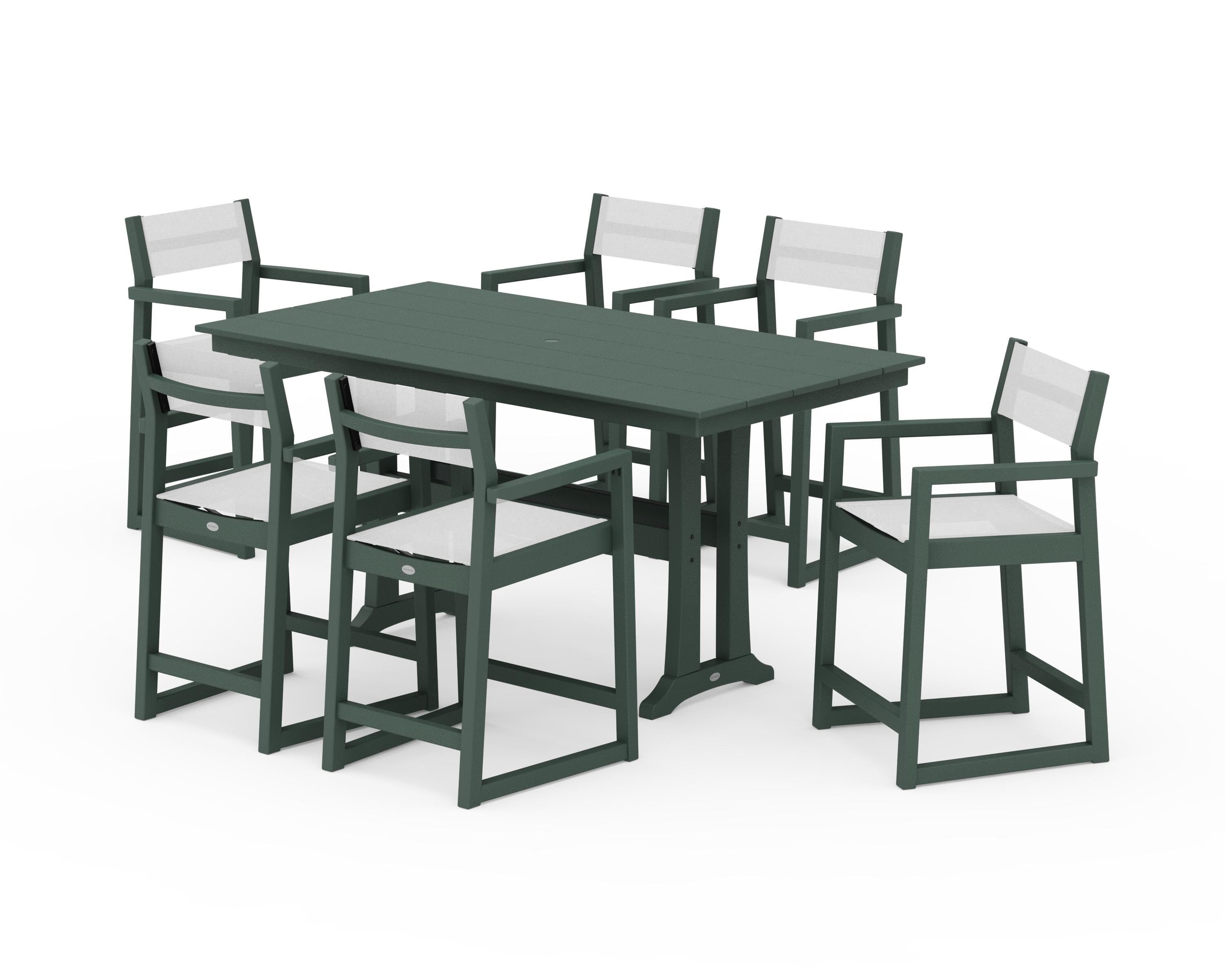 POLYWOOD® EDGE Sling Arm Chair 7-Piece Farmhouse Counter Set with Trestle Legs in Green / White Sling