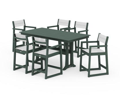 POLYWOOD® EDGE Sling Arm Chair 7-Piece Farmhouse Counter Set with Trestle Legs in Green / White Sling