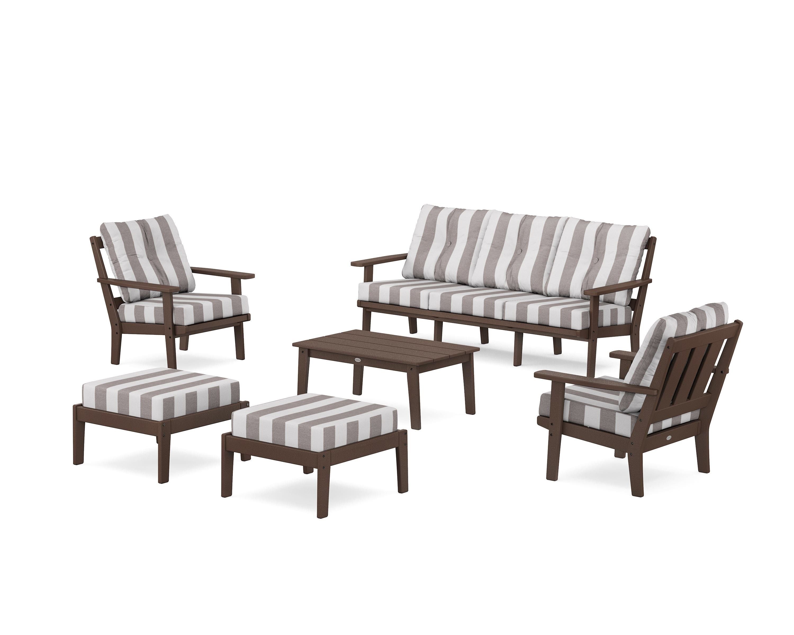 POLYWOOD® Oxford 6-Piece Lounge Sofa Set in Mahogany / Cabana Stripe Grey Mist