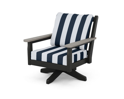 POLYWOOD® Chippendale Deep Seating Swivel Chair in Black / Driftwood / Cabana Stripe Marine Indigo