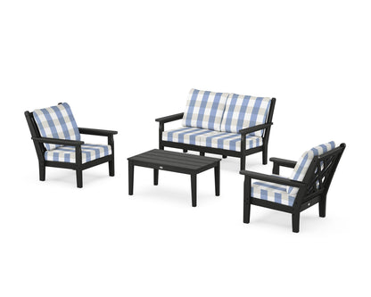 POLYWOOD® Chippendale 4-Piece Deep Seating Set with Loveseat in Black / Buffalo Plaid Sky Blue