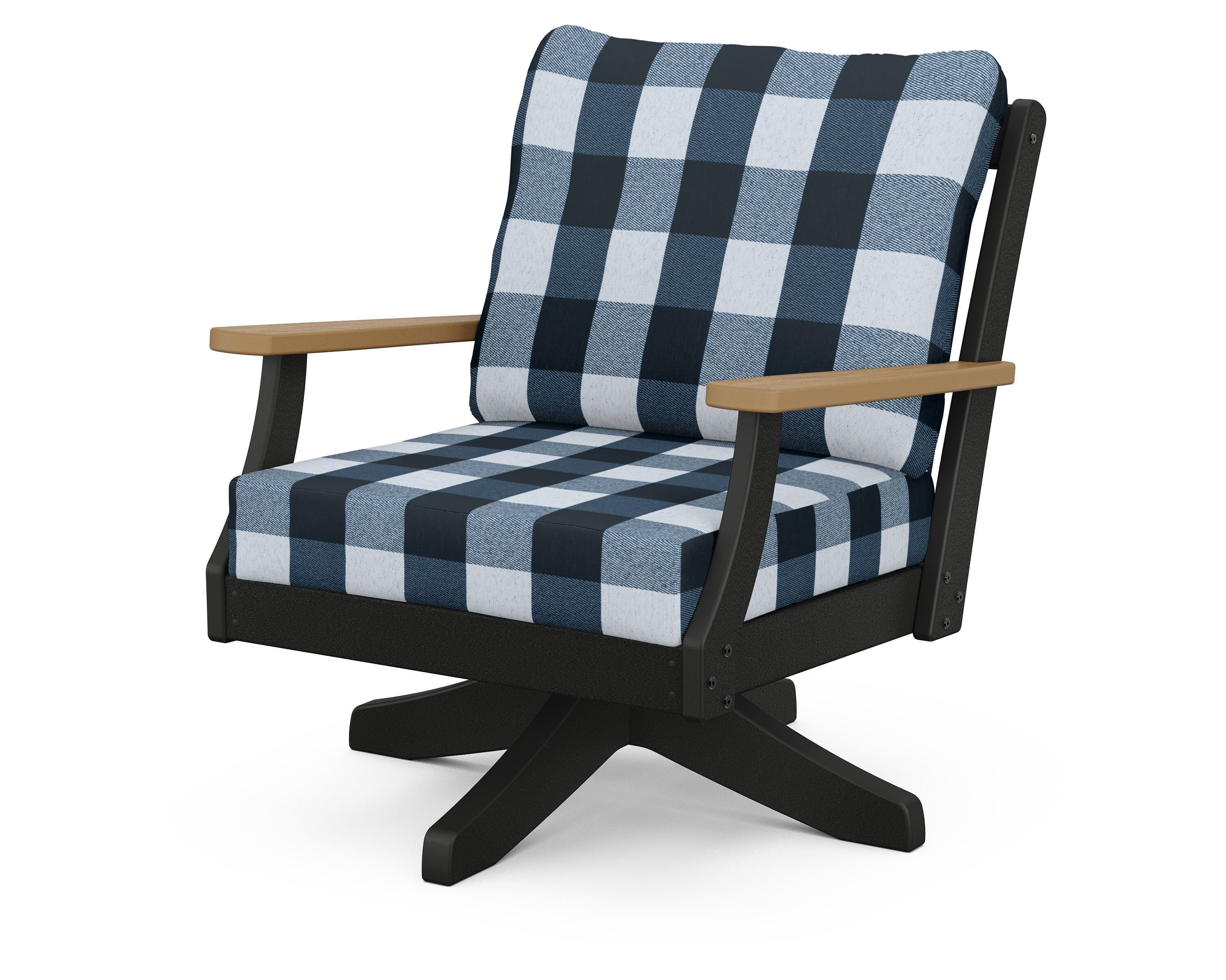 POLYWOOD® Braxton Deep Seating Swivel Chair in Black / Natural / Buffalo Plaid Marine Indigo