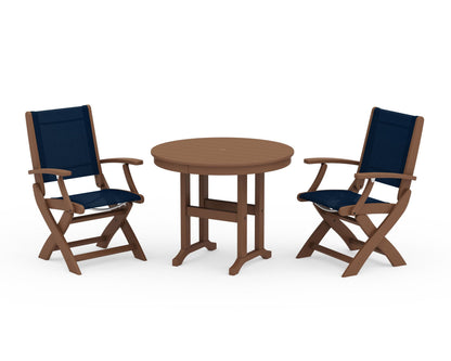 POLYWOOD® Coastal Folding Chair 3-Piece Round Dining Set in Teak / Navy Blue Sling