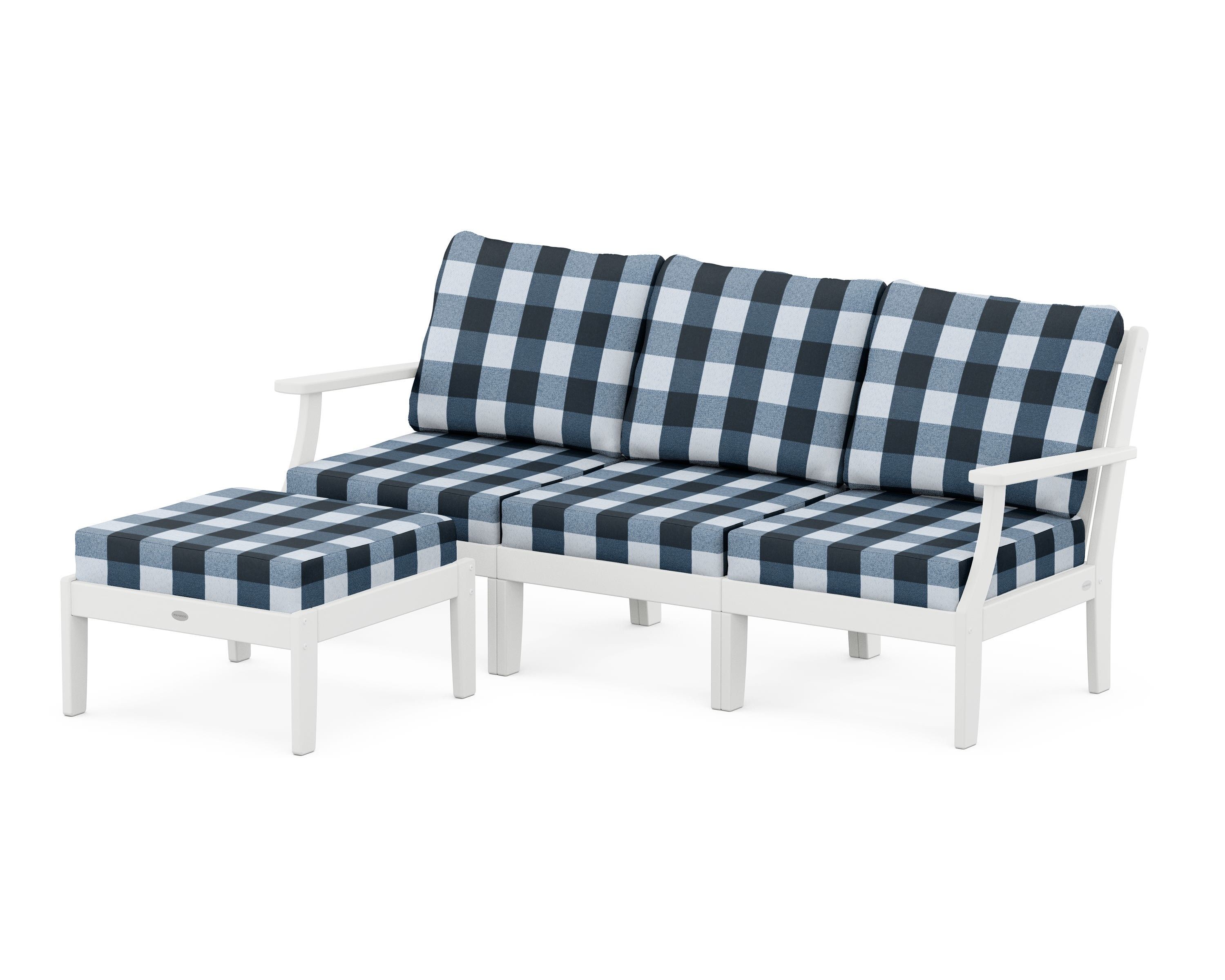 POLYWOOD® Braxton Modular 4-Piece Deep Seating Set with Ottoman in White / Buffalo Plaid Marine Indigo