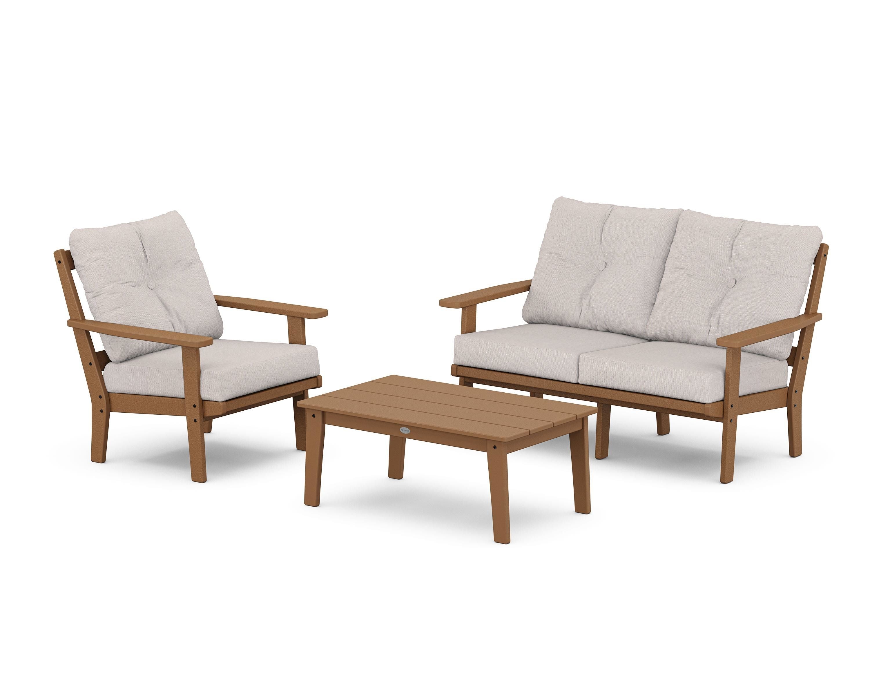 POLYWOOD® Oxford 3-Piece Deep Seating Set with Loveseat in Teak / Dune Burlap