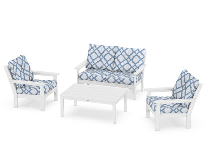 POLYWOOD® Vineyard 4-Piece Deep Seating Set in White / Trellis Sky Blue