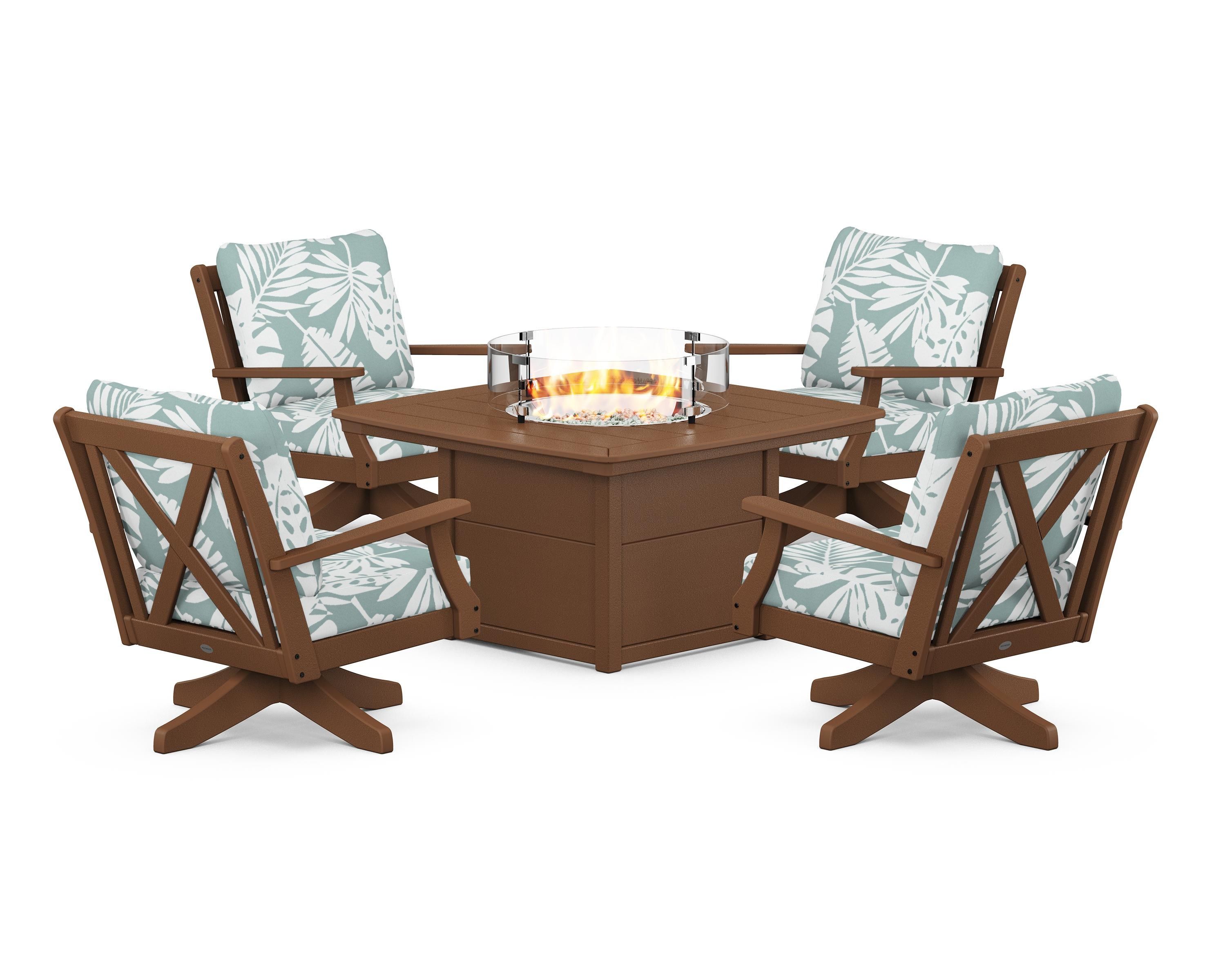 POLYWOOD® Braxton 5-Piece Deep Seating Swivel Conversation Set with Fire Pit Table in Teak / Leaf Glacier Spa