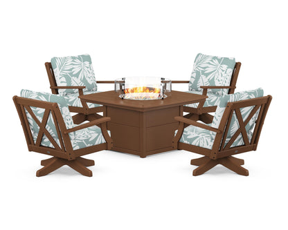 POLYWOOD® Braxton 5-Piece Deep Seating Swivel Conversation Set with Fire Pit Table in Teak / Leaf Glacier Spa