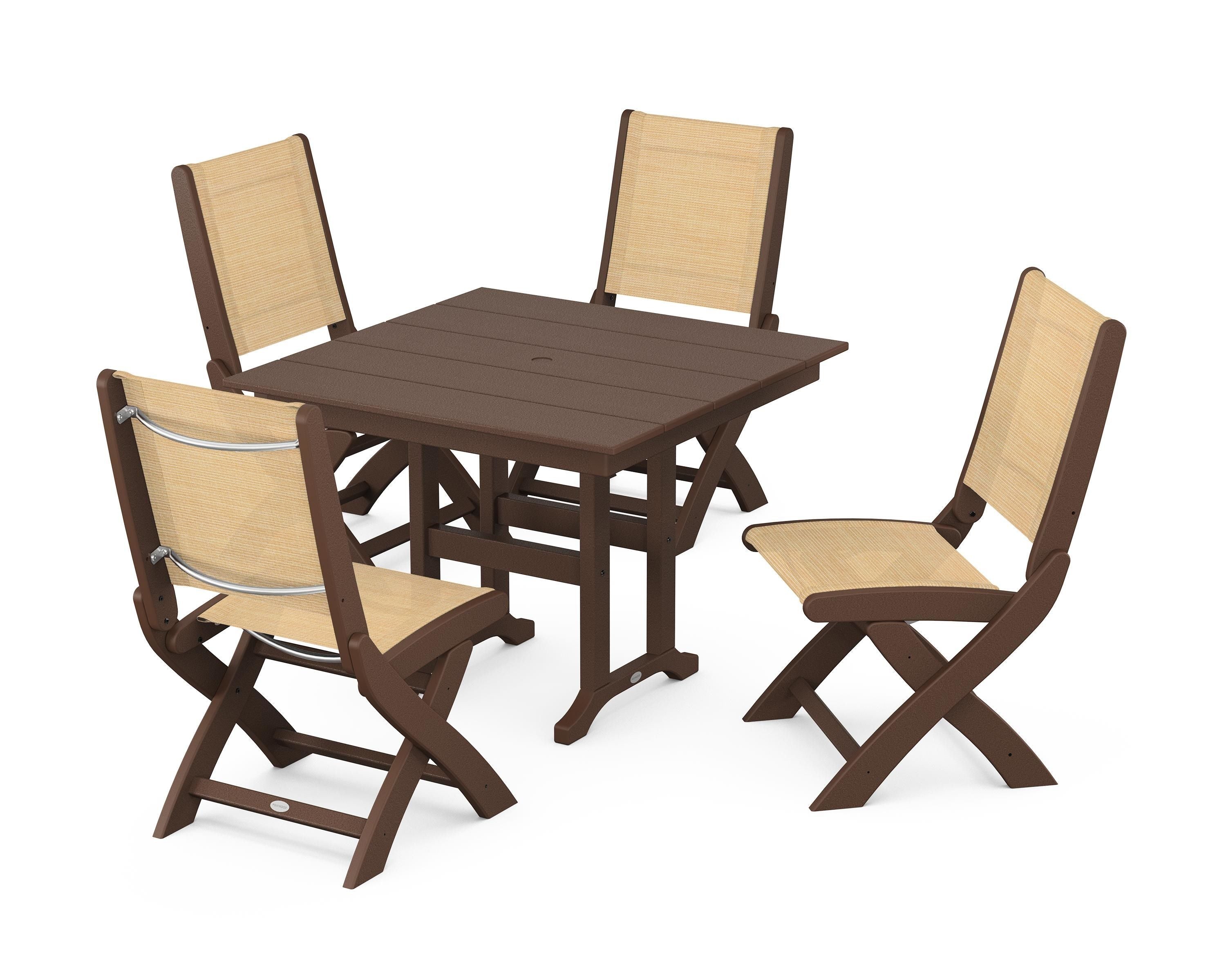 POLYWOOD® Coastal Folding Side Chair 5-Piece Farmhouse Dining Set in Mahogany / Dupioni Apricot Sling