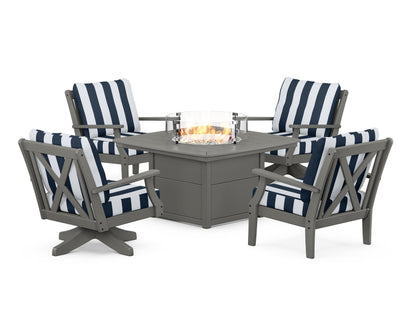 POLYWOOD® Braxton 5-Piece Deep Seating Set with Fire Table in Slate Grey / Cabana Stripe Marine Indigo